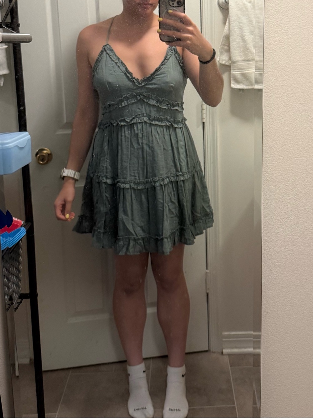 miami Olive Green Ruffle Tiered Mini Dress